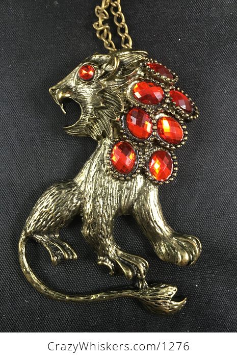 Large Angry Lion and Red Faceted Stone Pendant in Vintage Gold Tone - #6mnStmrKjmc-2
