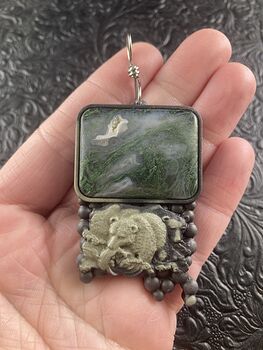 Large Fishing Bear Carved in Brown and Green Jasper with Moss Agate Stone Pendant Jewelry #aDbWjj1RY2k