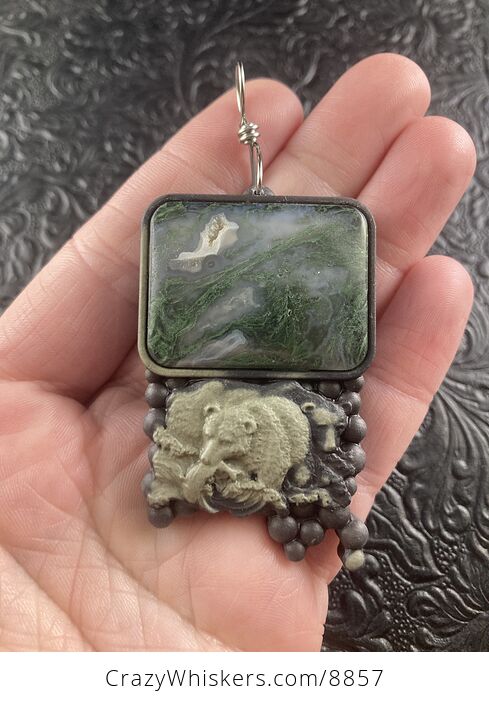 Large Fishing Bear Carved in Brown and Green Jasper with Moss Agate Stone Pendant Jewelry - #aDbWjj1RY2k-1