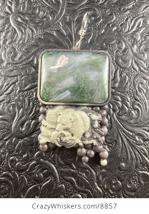 Large Fishing Bear Carved in Brown and Green Jasper with Moss Agate Stone Pendant Jewelry - #aDbWjj1RY2k-5