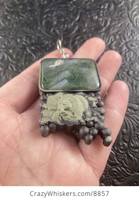 Large Fishing Bear Carved in Brown and Green Jasper with Moss Agate Stone Pendant Jewelry - #aDbWjj1RY2k-2