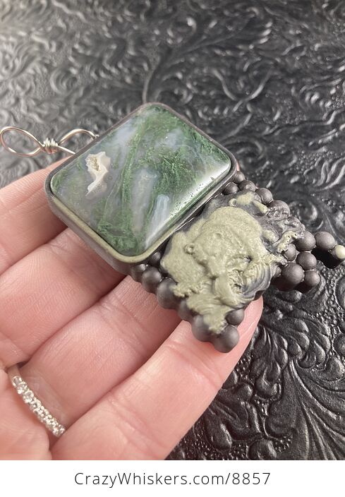 Large Fishing Bear Carved in Brown and Green Jasper with Moss Agate Stone Pendant Jewelry - #aDbWjj1RY2k-4
