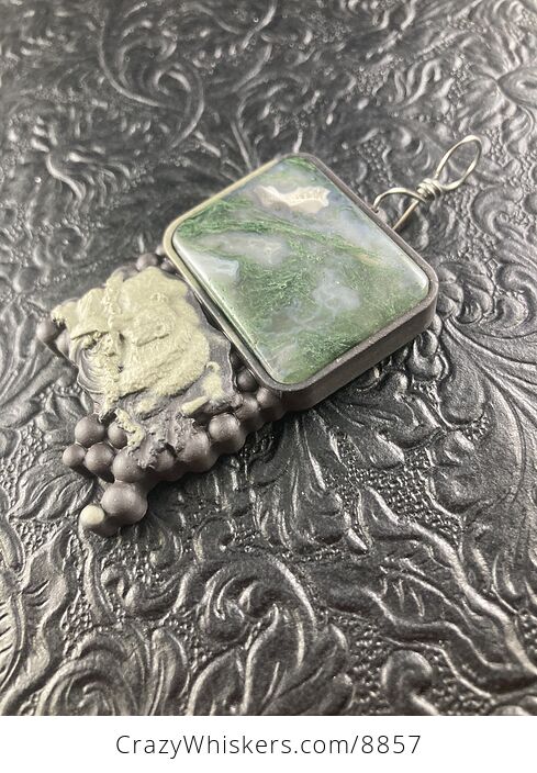 Large Fishing Bear Carved in Brown and Green Jasper with Moss Agate Stone Pendant Jewelry - #aDbWjj1RY2k-6