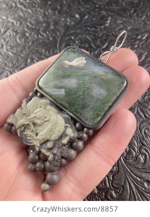 Large Fishing Bear Carved in Brown and Green Jasper with Moss Agate Stone Pendant Jewelry - #aDbWjj1RY2k-3