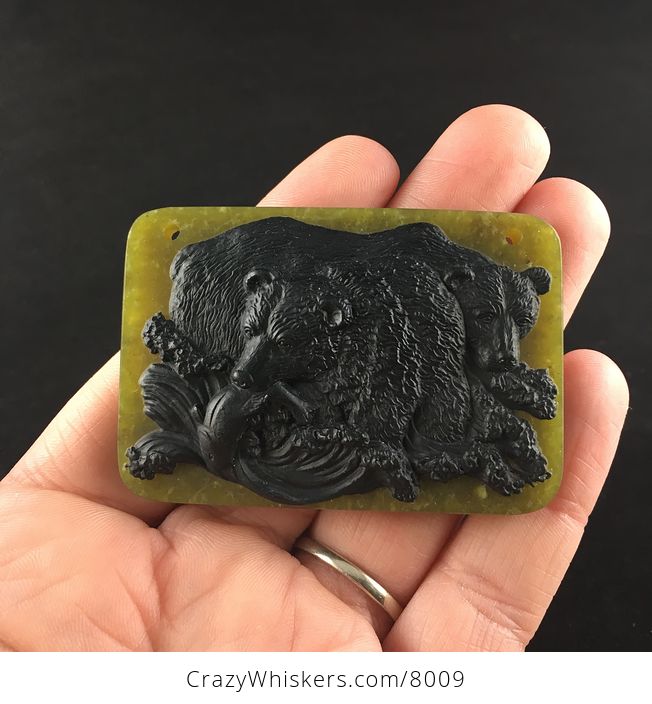 Large Mamma Bear and Cubs Carved in Black Jasper on Lemon Jade Stone Pendant Jewelry - #MEguQdHDIJY-1