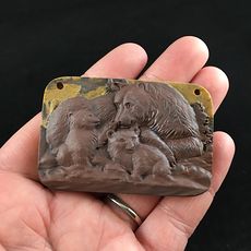Large Mamma Bear and Cubs Carved Ribbon Jasper Stone Pendant Jewelry #vLdvAL1t9y4
