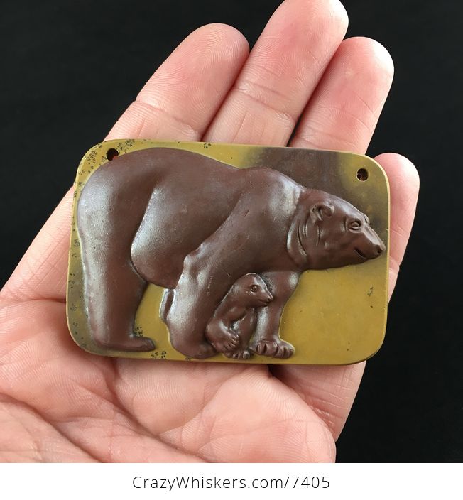 Large Mamma Bear and Cubs Carved Ribbon Jasper Stone Pendant Jewelry - #ALyh8SjmgUc-1