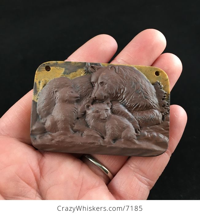 Large Mamma Bear and Cubs Carved Ribbon Jasper Stone Pendant Jewelry - #vLdvAL1t9y4-1
