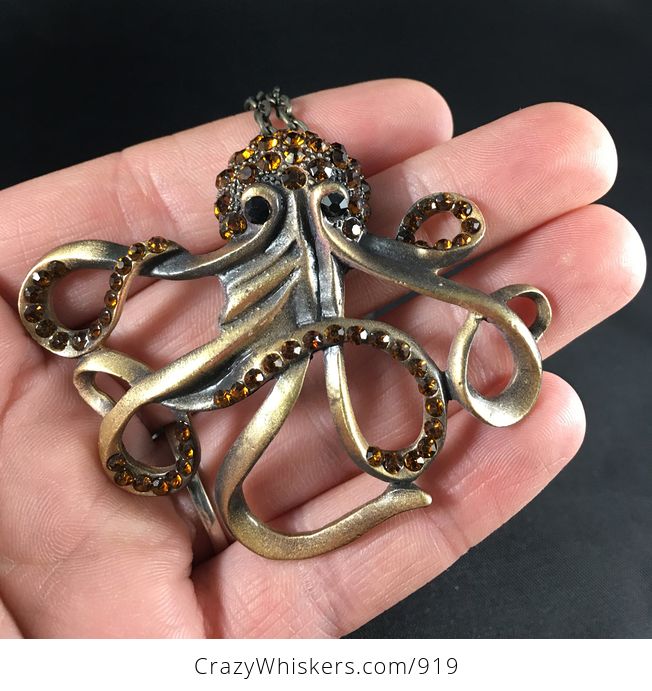 Large Octopus Pendant with Rhinestones in Alloy in Vintage Brass Tone - #NxXmBcqEfOw-3