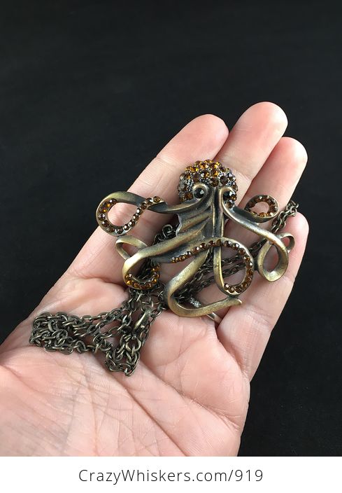 Large Octopus Pendant with Rhinestones in Alloy in Vintage Brass Tone - #NxXmBcqEfOw-2