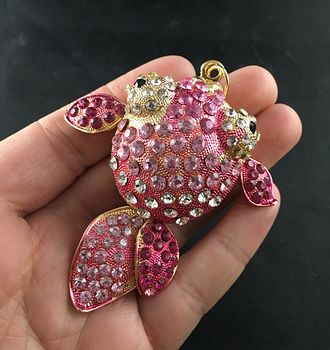 Large Pink Rhinestone and Gold Tone Fish Pendant with Articulated Moving Fins and Tail #5ADwcfk8Nuk