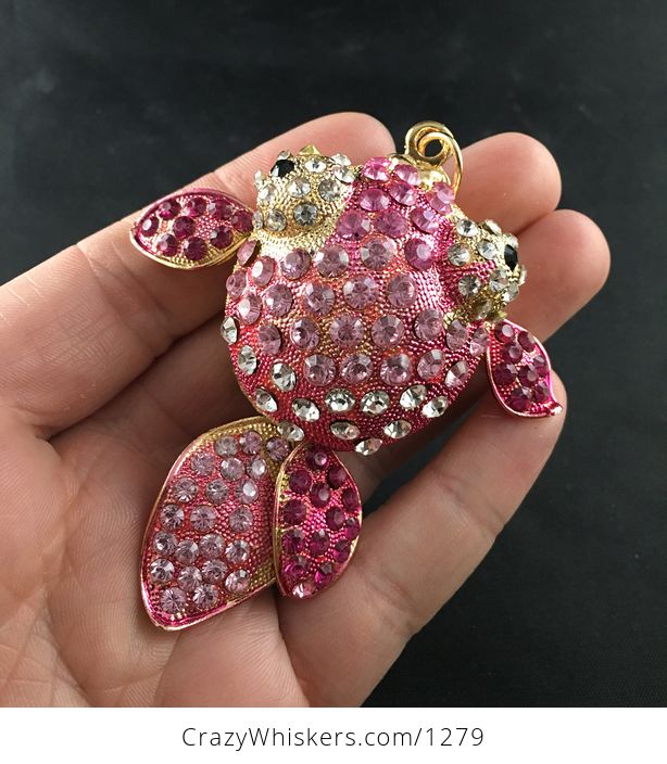 Large Pink Rhinestone and Gold Tone Fish Pendant with Articulated Moving Fins and Tail - #5ADwcfk8Nuk-1
