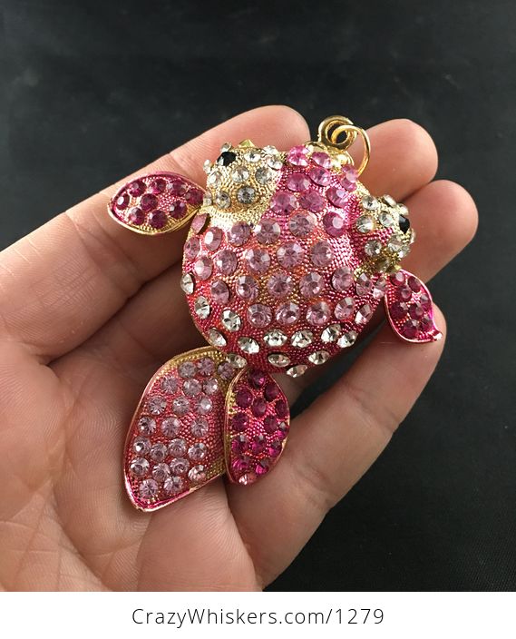 Large Pink Rhinestone and Gold Tone Fish Pendant with Articulated Moving Fins and Tail - #5ADwcfk8Nuk-2
