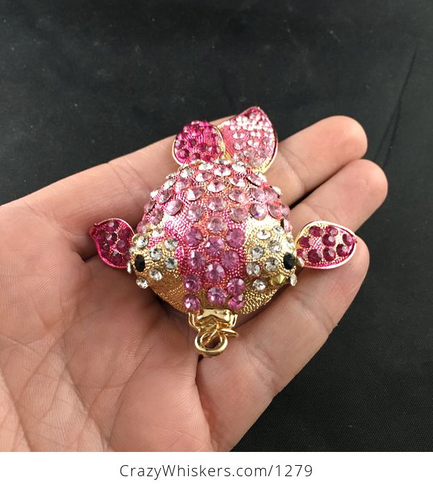 Large Pink Rhinestone and Gold Tone Fish Pendant with Articulated Moving Fins and Tail - #5ADwcfk8Nuk-4