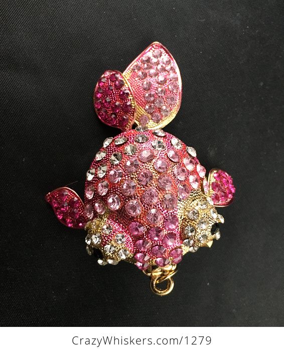 Large Pink Rhinestone and Gold Tone Fish Pendant with Articulated Moving Fins and Tail - #5ADwcfk8Nuk-5