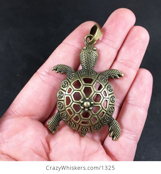 Large Vintage Bronze Toned Sea Turtle Pendant Necklace - #iuSeGr2MA6g-1