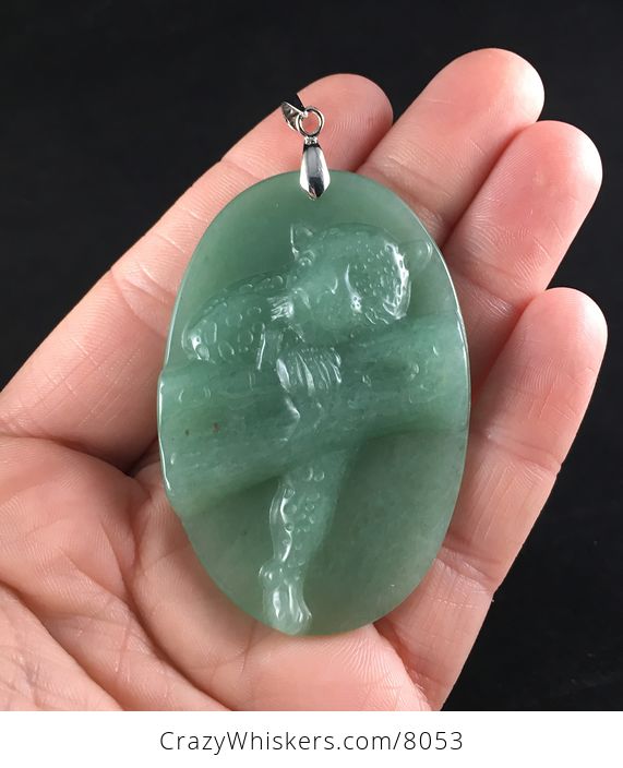 Leopard Cat in a Tree Carved in Green Aventurine Stone Pendant Jewelry - #eCIiywTENvs-1