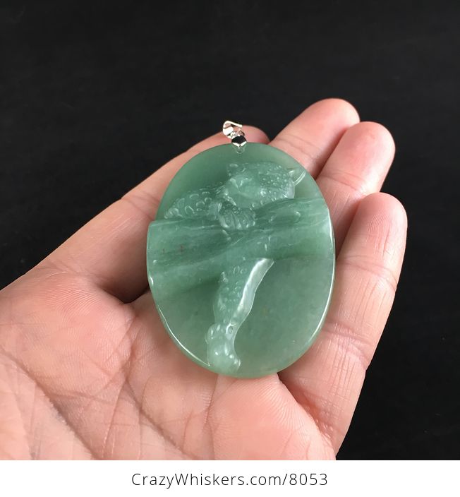 Leopard Cat in a Tree Carved in Green Aventurine Stone Pendant Jewelry - #eCIiywTENvs-2