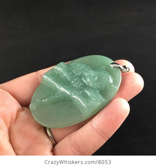 Leopard Cat in a Tree Carved in Green Aventurine Stone Pendant Jewelry - #eCIiywTENvs-3