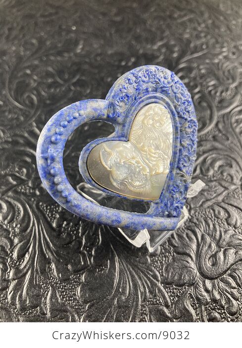 Lion and Lioness Pair Carved Mother of Pearl Shell and Lapis Lazuli Heart Stone Cabochon Jewelry Mini Art Ornament - #ylSns8cZ22U-3