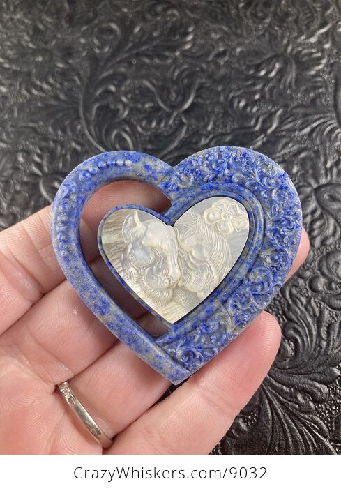 Lion and Lioness Pair Carved Mother of Pearl Shell and Lapis Lazuli Heart Stone Cabochon Jewelry Mini Art Ornament - #ylSns8cZ22U-4