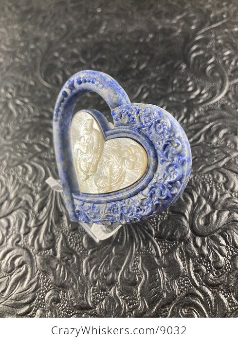 Lion and Lioness Pair Carved Mother of Pearl Shell and Lapis Lazuli Heart Stone Cabochon Jewelry Mini Art Ornament - #ylSns8cZ22U-2