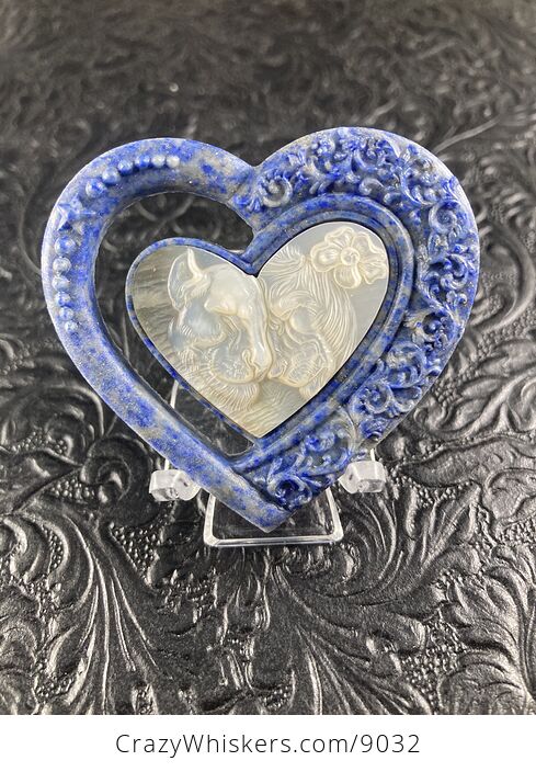 Lion and Lioness Pair Carved Mother of Pearl Shell and Lapis Lazuli Heart Stone Cabochon Jewelry Mini Art Ornament - #ylSns8cZ22U-1