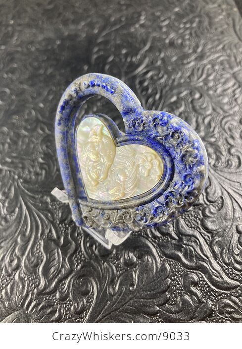 Lion and Lioness Pair Carved Shell and Lapis Lazuli Heart Stone Pendant Cabochon Jewelry Mini Art Ornament - #X5OonIYfFVY-3