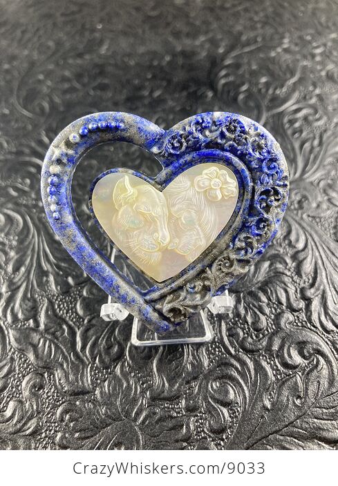 Lion and Lioness Pair Carved Shell and Lapis Lazuli Heart Stone Pendant Cabochon Jewelry Mini Art Ornament - #X5OonIYfFVY-1