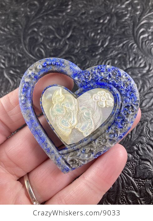Lion and Lioness Pair Carved Shell and Lapis Lazuli Heart Stone Pendant Cabochon Jewelry Mini Art Ornament - #X5OonIYfFVY-7