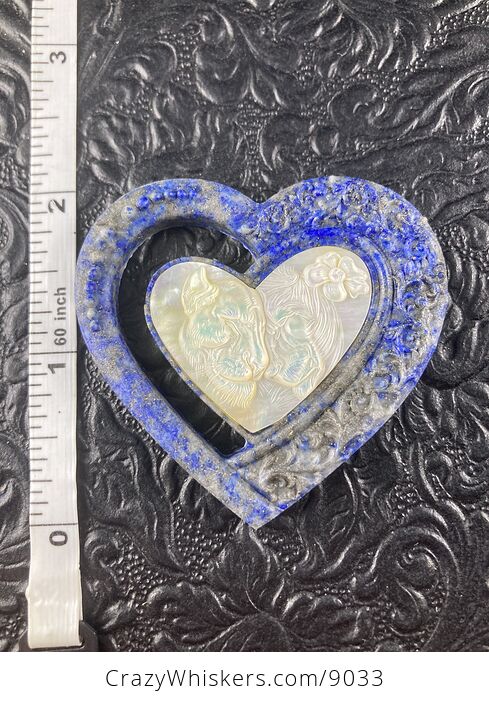 Lion and Lioness Pair Carved Shell and Lapis Lazuli Heart Stone Pendant Cabochon Jewelry Mini Art Ornament - #X5OonIYfFVY-6