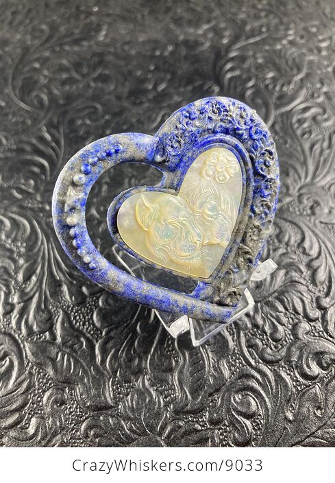 Lion and Lioness Pair Carved Shell and Lapis Lazuli Heart Stone Pendant Cabochon Jewelry Mini Art Ornament - #X5OonIYfFVY-2