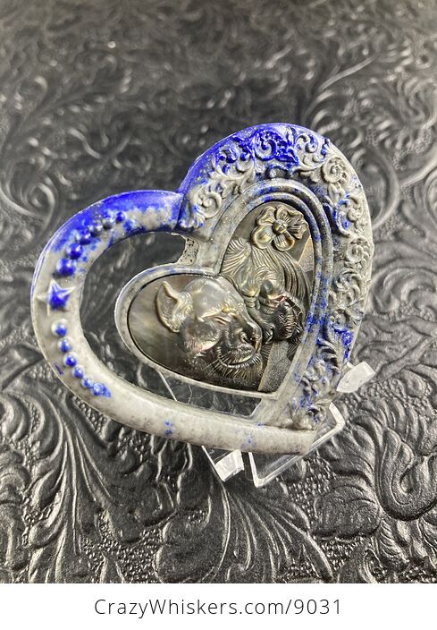 Lion and Lioness Pair Carved Shell and Lapis Lazuli Heart Stone Pendant Cabochon Jewelry Mini Art Ornament - #dRSyyeY2ayw-2