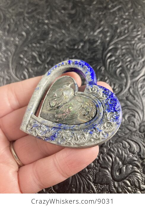 Lion and Lioness Pair Carved Shell and Lapis Lazuli Heart Stone Pendant Cabochon Jewelry Mini Art Ornament - #dRSyyeY2ayw-5