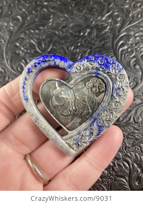 Lion and Lioness Pair Carved Shell and Lapis Lazuli Heart Stone Pendant Cabochon Jewelry Mini Art Ornament - #dRSyyeY2ayw-4