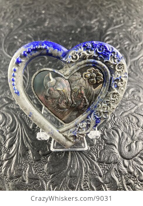 Lion and Lioness Pair Carved Shell and Lapis Lazuli Heart Stone Pendant Cabochon Jewelry Mini Art Ornament - #dRSyyeY2ayw-1