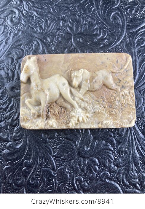 Lioness Hunting a Zebra Carved Mini Art Jasper Stone Pendant Cabochon Jewelry - #cc86B0q5uNQ-5
