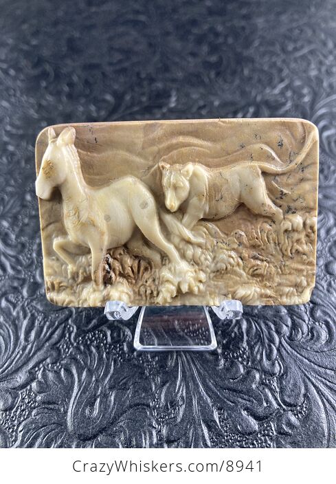 Lioness Hunting a Zebra Carved Mini Art Jasper Stone Pendant Cabochon Jewelry - #cc86B0q5uNQ-1