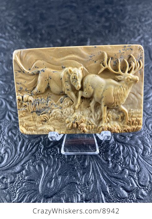 Lioness Hunting Elk Carved Mini Art Jasper Stone Pendant Cabochon Jewelry - #EUqZXbDQh9M-1