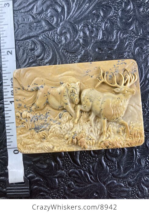 Lioness Hunting Elk Carved Mini Art Jasper Stone Pendant Cabochon Jewelry - #EUqZXbDQh9M-6