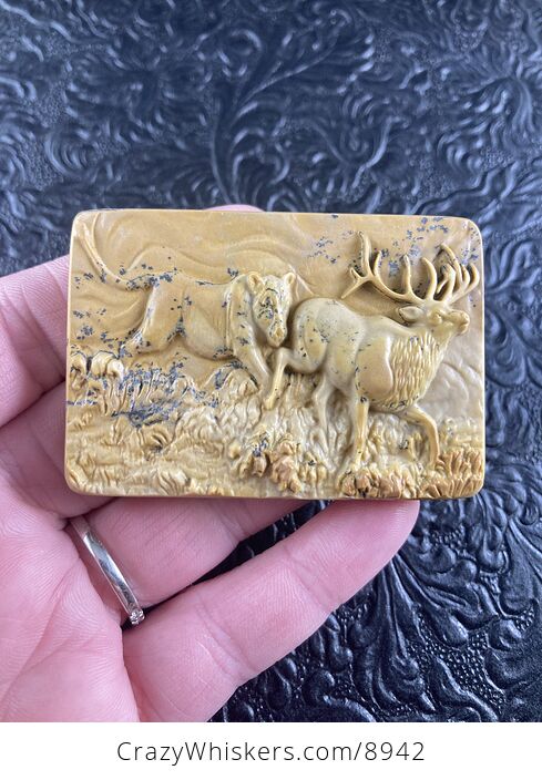 Lioness Hunting Elk Carved Mini Art Jasper Stone Pendant Cabochon Jewelry - #EUqZXbDQh9M-5