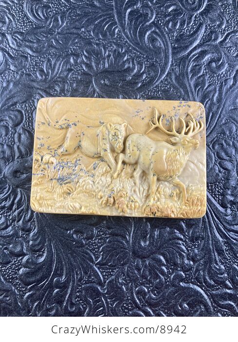 Lioness Hunting Elk Carved Mini Art Jasper Stone Pendant Cabochon Jewelry - #EUqZXbDQh9M-4