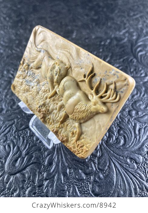 Lioness Hunting Elk Carved Mini Art Jasper Stone Pendant Cabochon Jewelry - #EUqZXbDQh9M-2