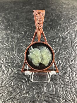 Lions Carved Lemon Jade and Black Jasper on Wood Pendant Jewelry Mini Art Ornament #JZsUgnWQ14A