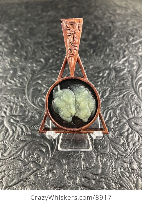 Lions Carved Lemon Jade and Black Jasper on Wood Pendant Jewelry Mini Art Ornament - #JZsUgnWQ14A-1