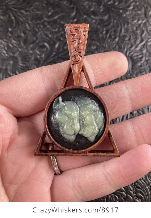 Lions Carved Lemon Jade and Black Jasper on Wood Pendant Jewelry Mini Art Ornament - #JZsUgnWQ14A-2