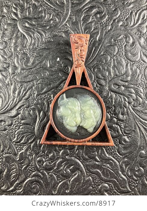 Lions Carved Lemon Jade and Black Jasper on Wood Pendant Jewelry Mini Art Ornament - #JZsUgnWQ14A-5