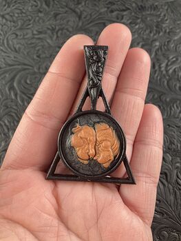 Lions Carved Orange Jasper Set on Wood Pendant Jewelry Mini Art Ornament #1ySFSSPdMfo