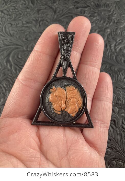 Lions Carved Orange Jasper Set on Wood Pendant Jewelry Mini Art Ornament - #1ySFSSPdMfo-1
