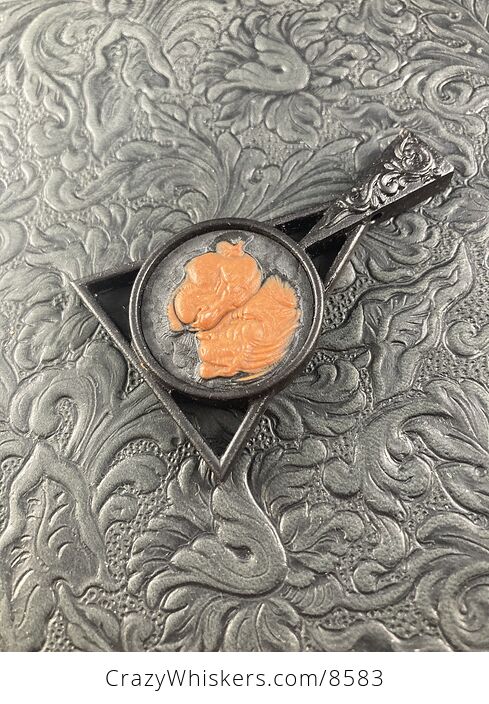 Lions Carved Orange Jasper Set on Wood Pendant Jewelry Mini Art Ornament - #1ySFSSPdMfo-6